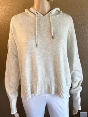 American Eagle Hooded Sweater Womens Large Cream Soft Knit Pullover Hoodie Cozy